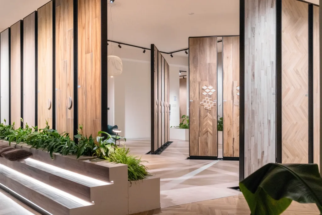 Showroom di design con esposizione di grandi lastre e finiture